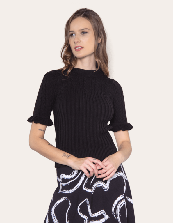 Blusa manga babado tricot Preto