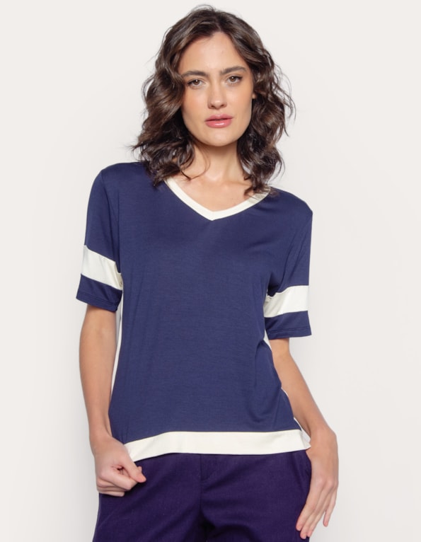 Blusa manga curta bicolor decote v Azul escuro/bege claro