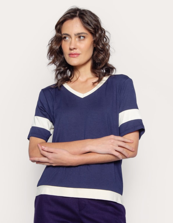 Blusa manga curta bicolor decote v Azul escuro/bege claro