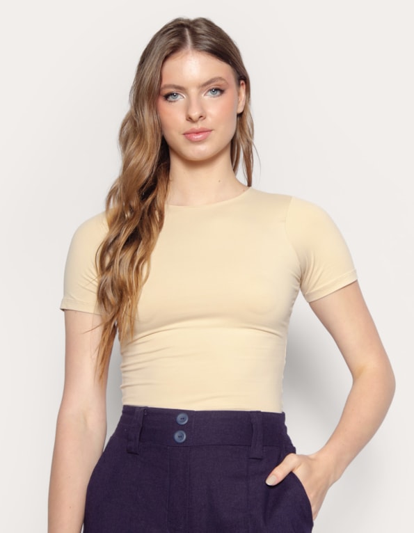 Blusa manga curta decote redondo Bege claro