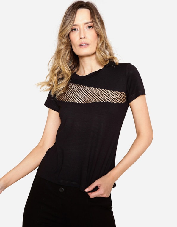 Blusa manga curta detalhe busto tela Preto
