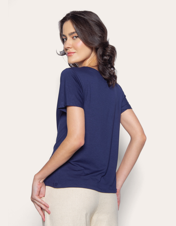 Blusa manga curta detalhe metal decote Azul escuro
