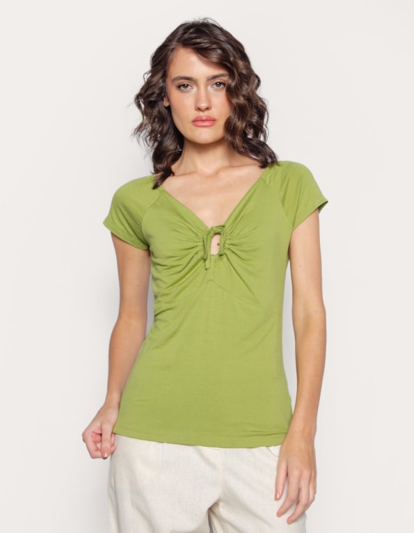 Blusa manga curta galão franzido decote Oliva