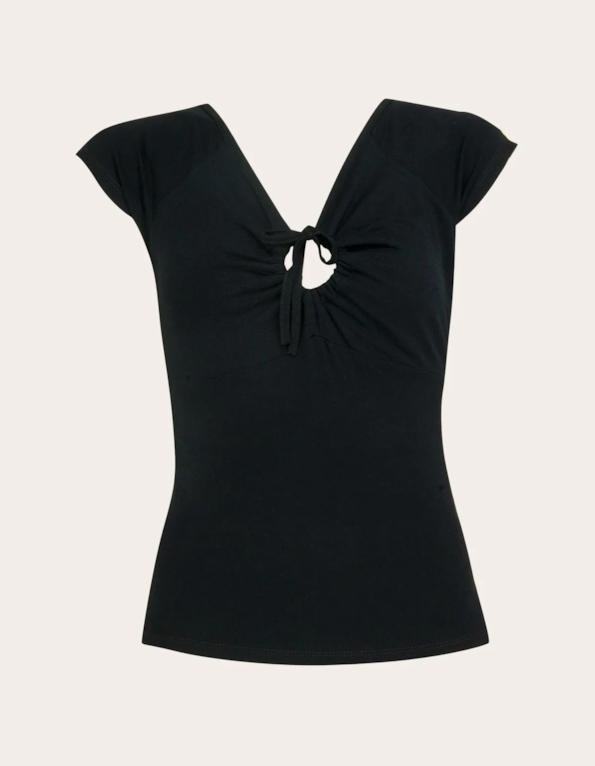 Blusa manga curta galão franzido decote Preto