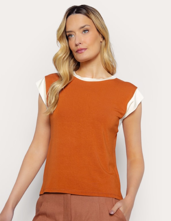 Blusa manga curta japonesa bicolor Marrom medio/bege claro