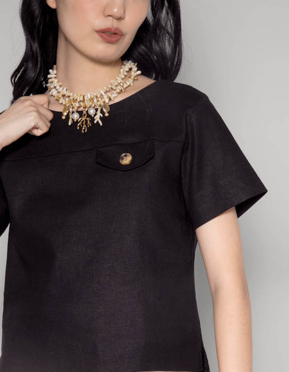 Blusa manga curta lapela botão  Preto