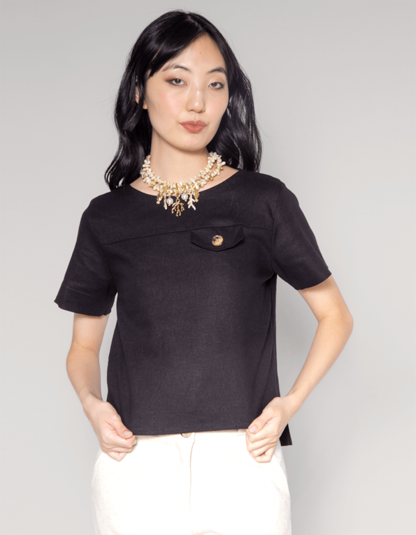 Blusa manga curta lapela botão  Preto