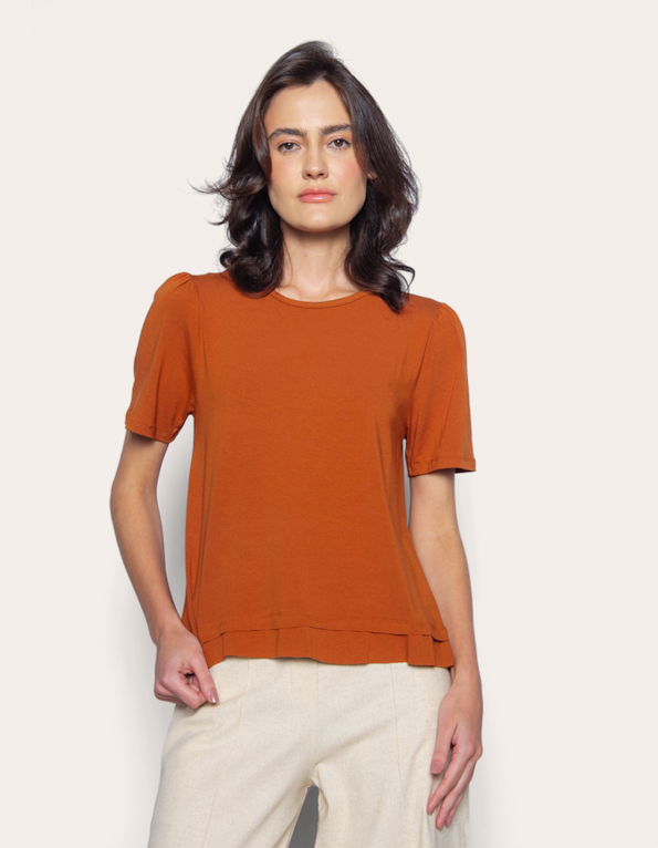 Blusa manga curta mini franzido Marrom medio