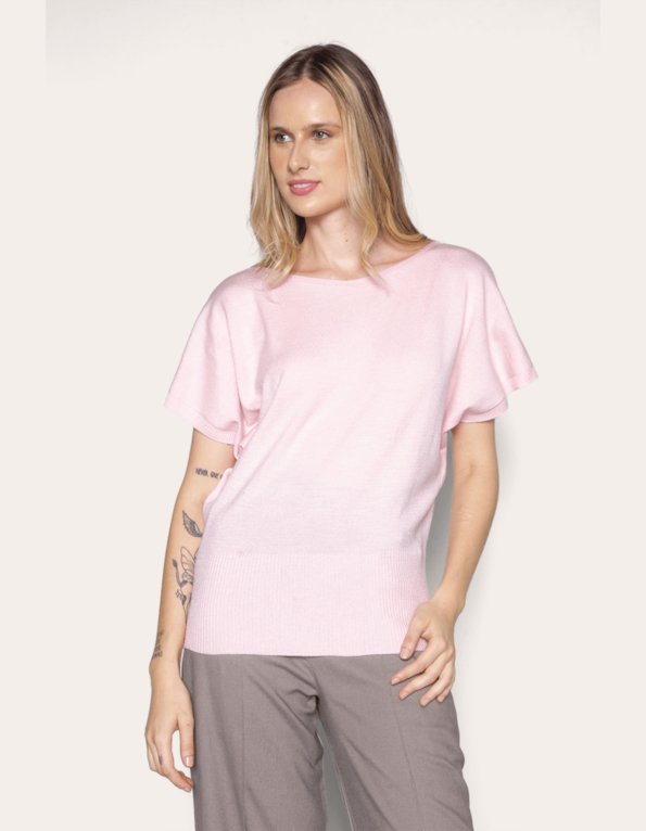 Blusa manga curta morcego tricot Rosa po