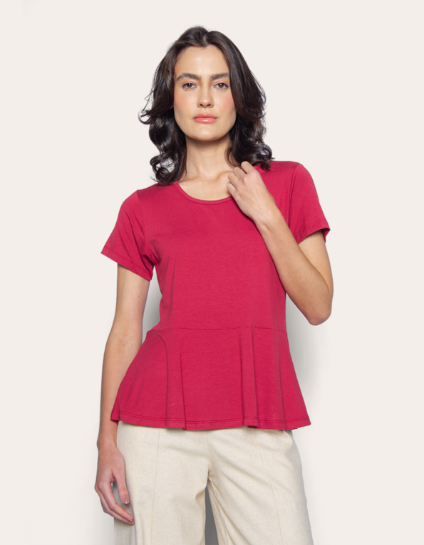 Blusa manga curta peplum Rosa escuro