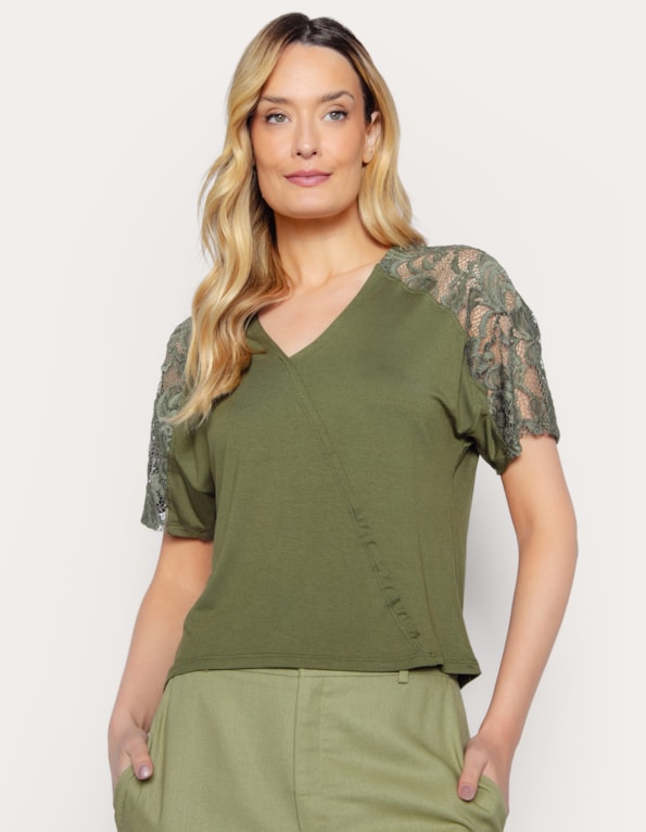 Blusa manga curta raglan renda decote v Verde medio