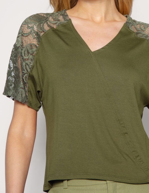 Blusa manga curta raglan renda decote v Verde medio