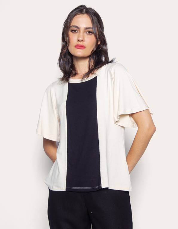 Blusa manga curta sino bicolor Bege claro/preto