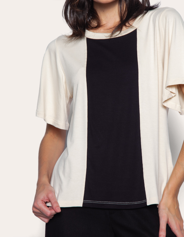 Blusa manga curta sino bicolor Bege claro/preto