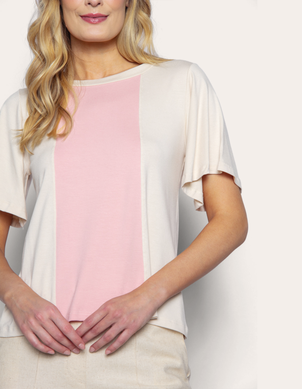 Blusa manga curta sino bicolor Bege claro/rosa