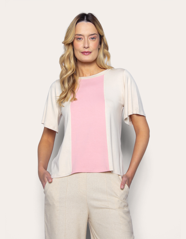 Blusa manga curta sino bicolor Bege claro/rosa