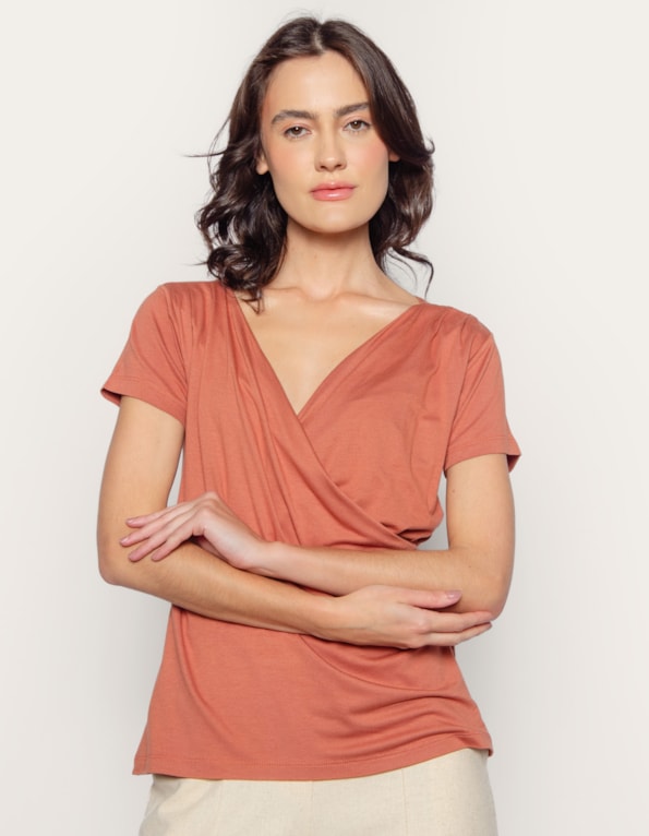 Blusa manga curta transpassada Marrom claro