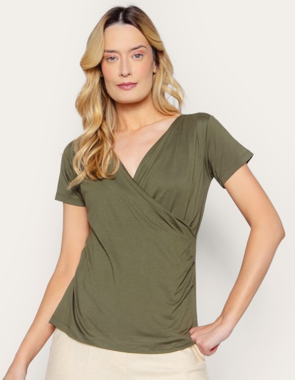 Blusa manga curta transpassada Verde militar