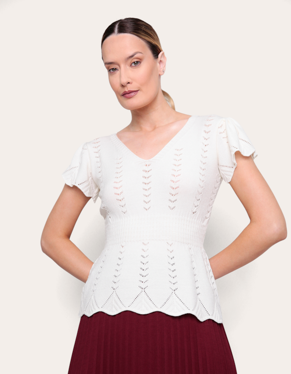 Blusa manga curta tricot babado Off white
