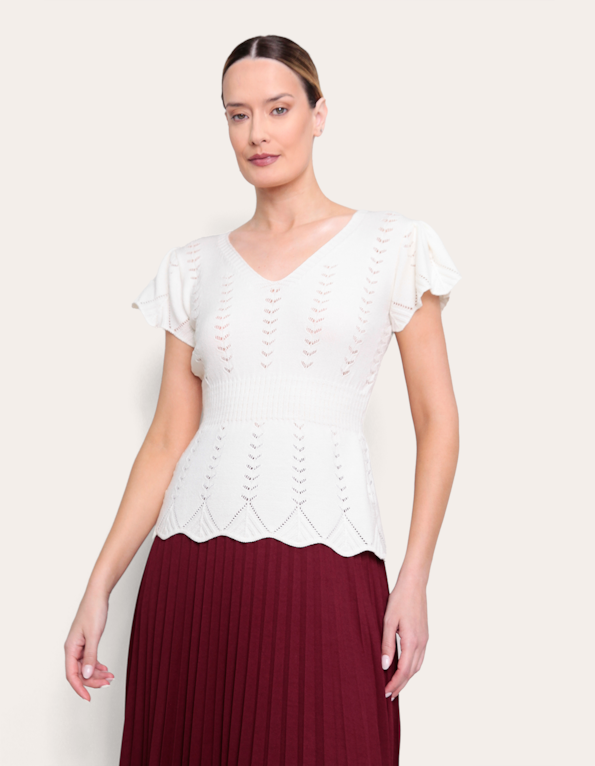 Blusa manga curta tricot babado Off white