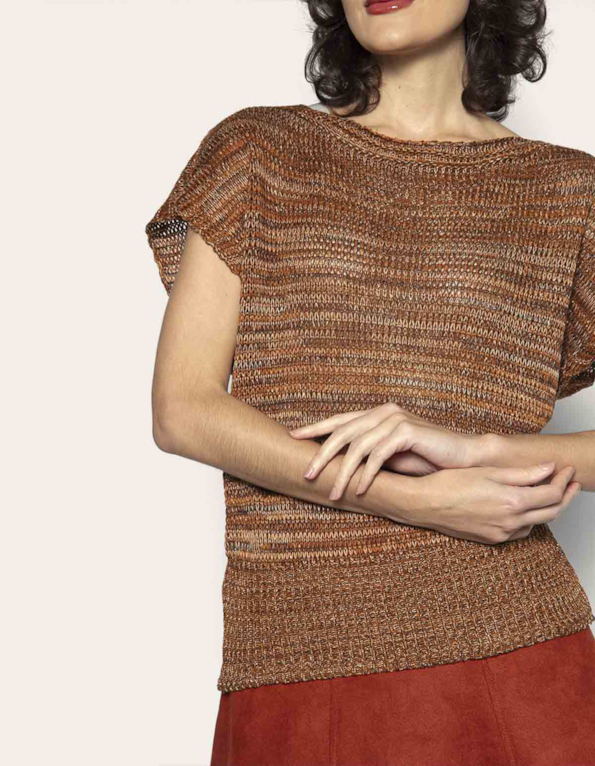 Blusa manga curta tricot mesclado Caramelo