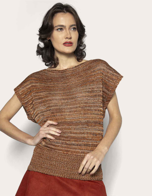 Blusa manga curta tricot mesclado Caramelo