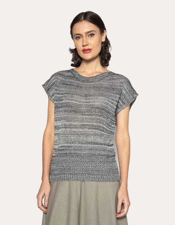 Blusa manga curta tricot mesclado Cinza