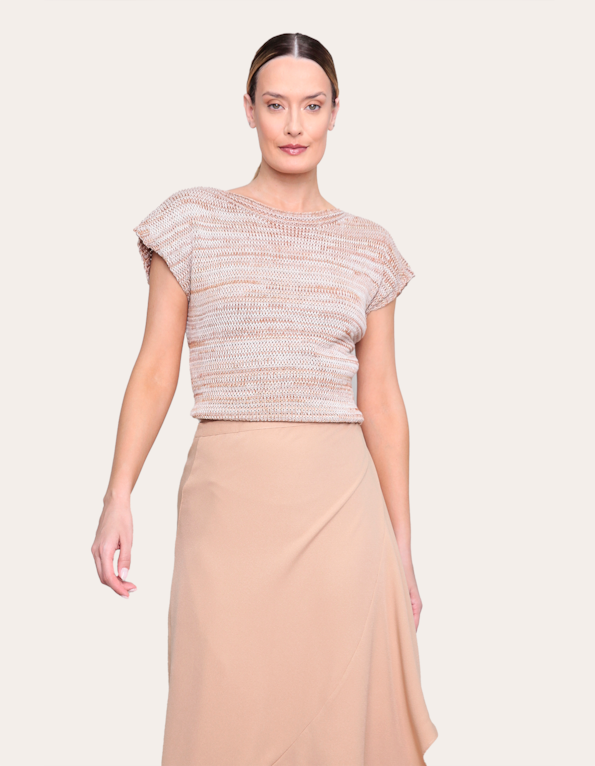 Blusa manga curta tricot mesclado Off/mocha