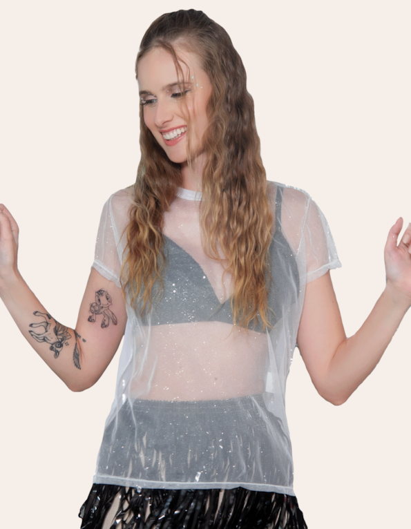 Blusa manga curta tule lurex Branco