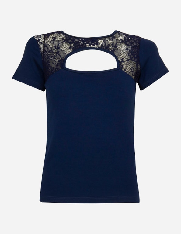 Blusa manga curta vazado pala renda Marinho