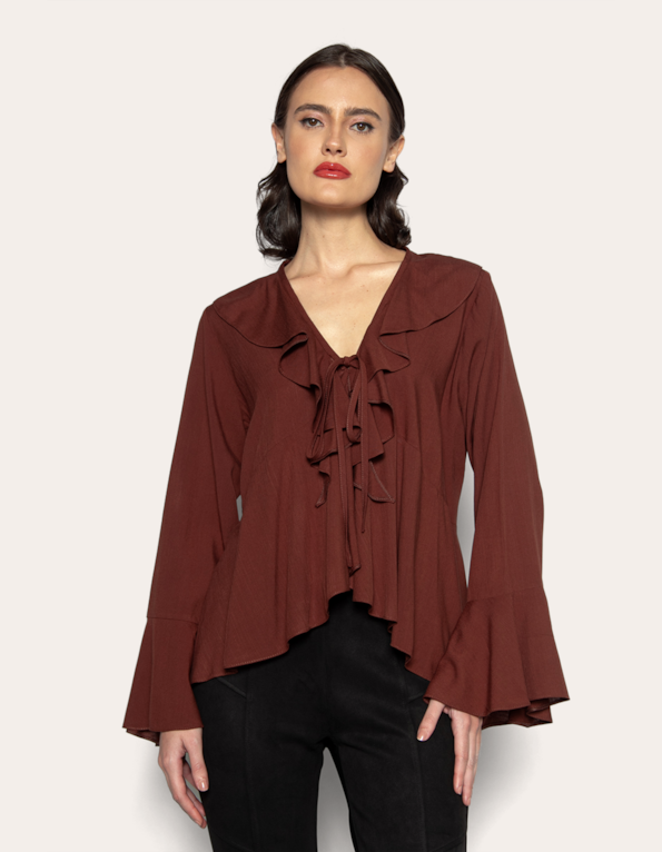 Blusa manga longa babados Marrom