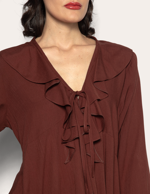 Blusa manga longa babados Marrom