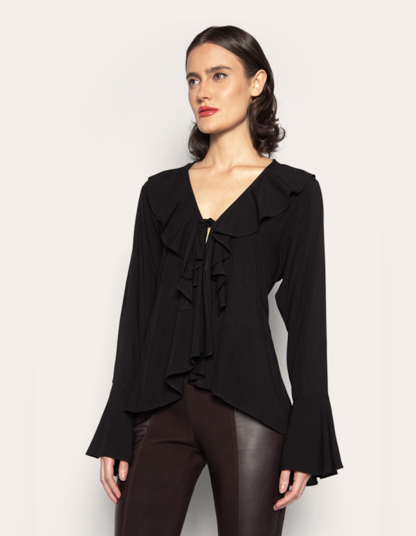 Blusa manga longa babados Preto