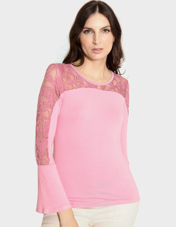 Blusa manga longa boca sino pala renda