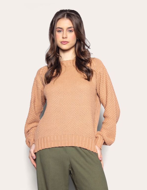 Blusa manga longa bufante tricot Bege medio