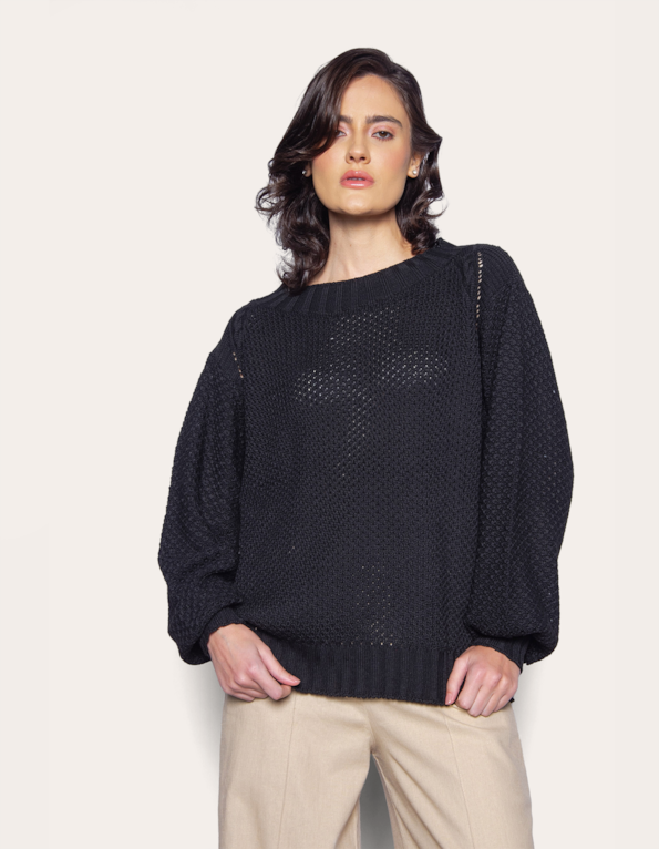 Blusa manga longa bufante tricot Preto