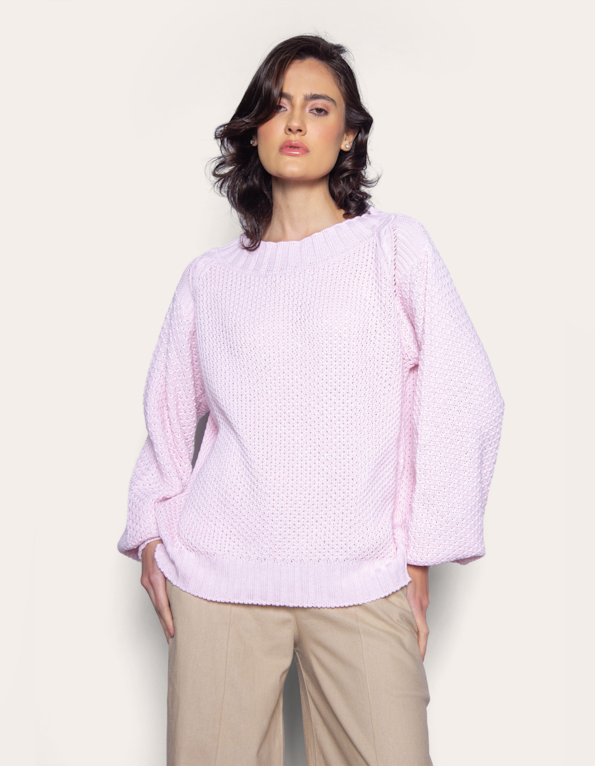 Blusa manga longa bufante tricot Rosa