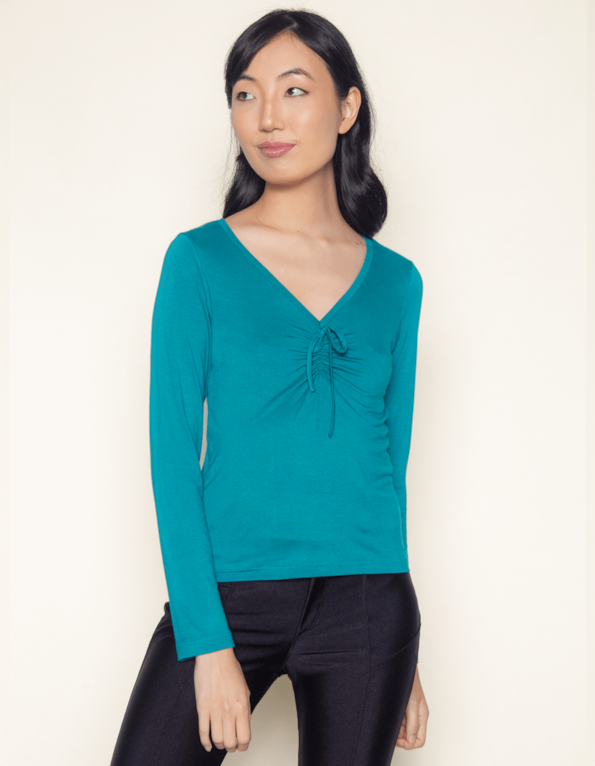 Blusa manga longa decote v laço Verde folha