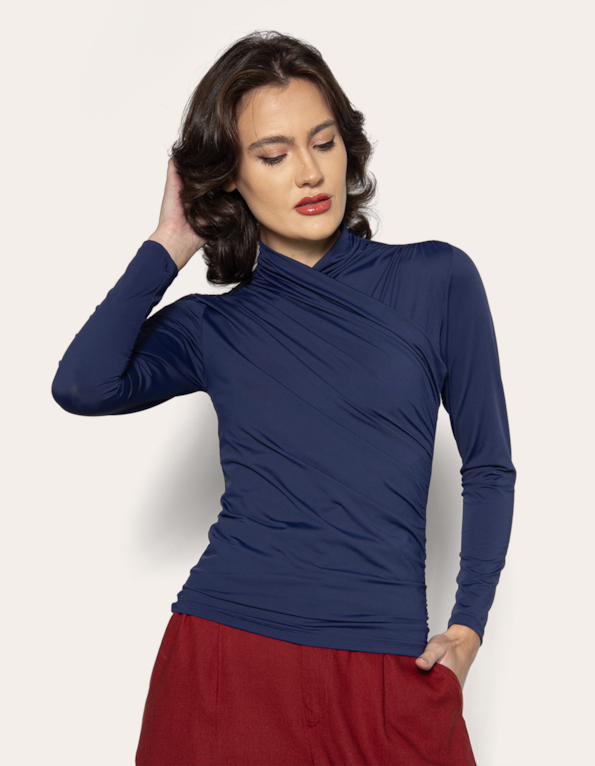Blusa manga longa drapeada Marinho