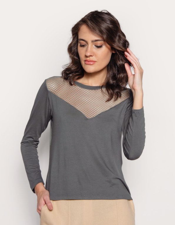 Blusa manga longa pala v tela Verde folha