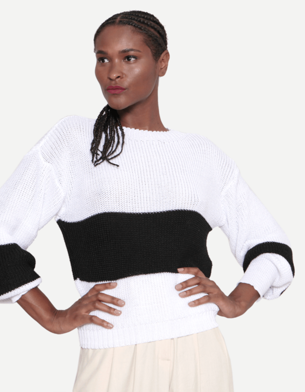 Blusa manga longa tricot bicolor Branco/preto