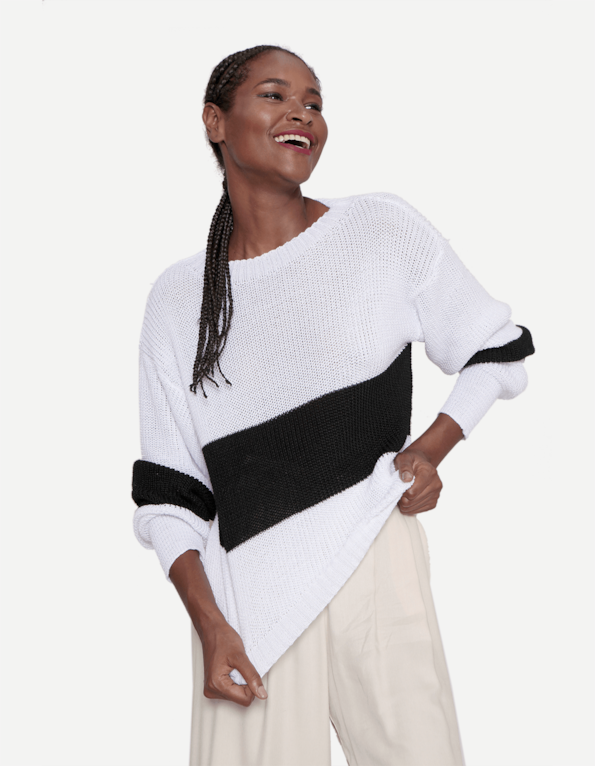 Blusa manga longa tricot bicolor Branco/preto