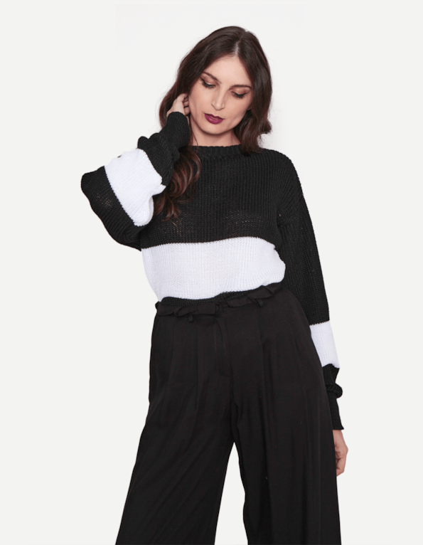 Blusa manga longa tricot bicolor Preto/branco