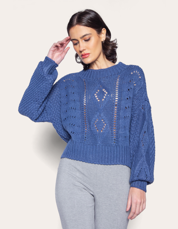 Blusa manga longa tricot vazado Azul
