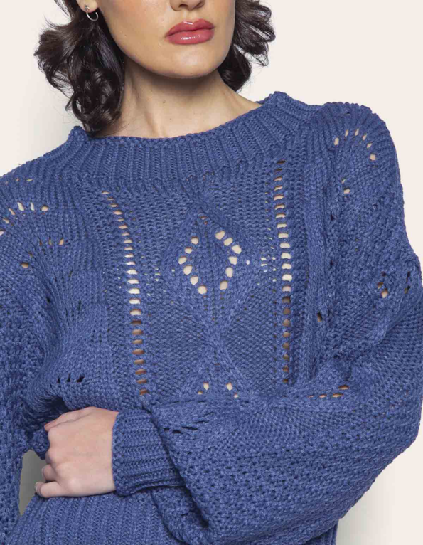 Blusa manga longa tricot vazado Azul