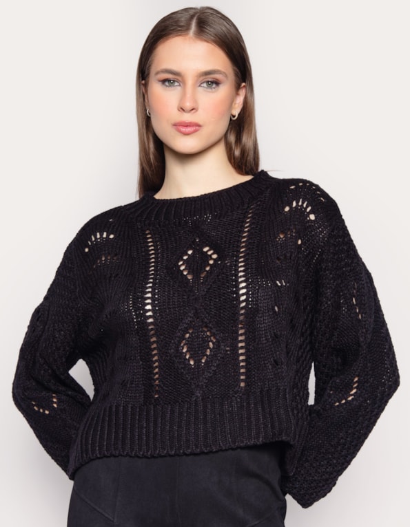 Blusa manga longa tricot vazado Preto