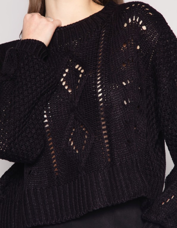 Blusa manga longa tricot vazado Preto