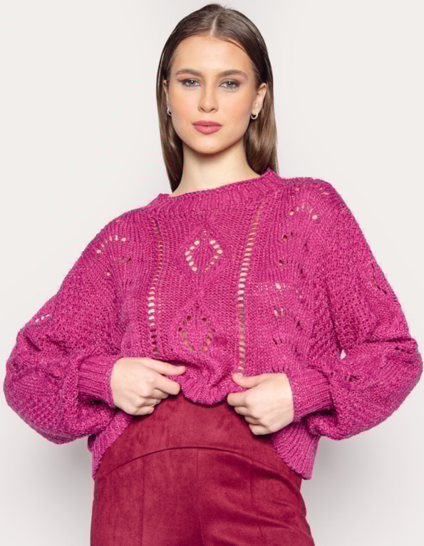 Blusa manga longa tricot vazado Roxo
