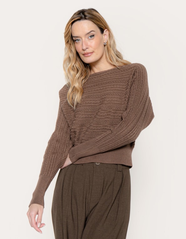 Blusa manga morcego tricot trançado Marrom