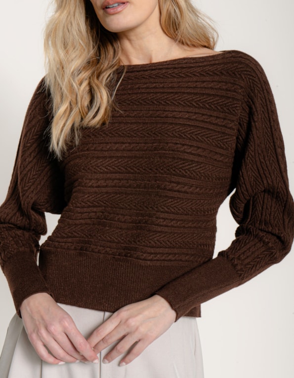 Blusa manga morcego tricot trançado Marrom escuro
